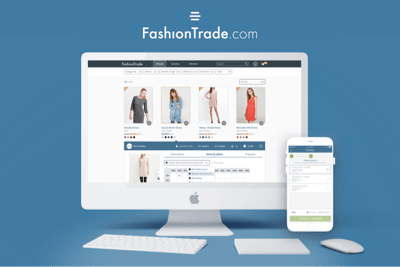 Fashiontrade UI shown on Apple Mac and iPhone. Keyboard, touchpad and mouse shown in the foreground